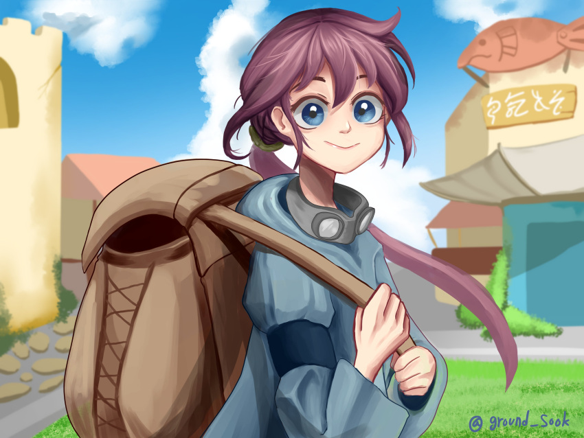 1girl, :>, absurdres, artist_name, backpack, bag, bangs, big_eyes