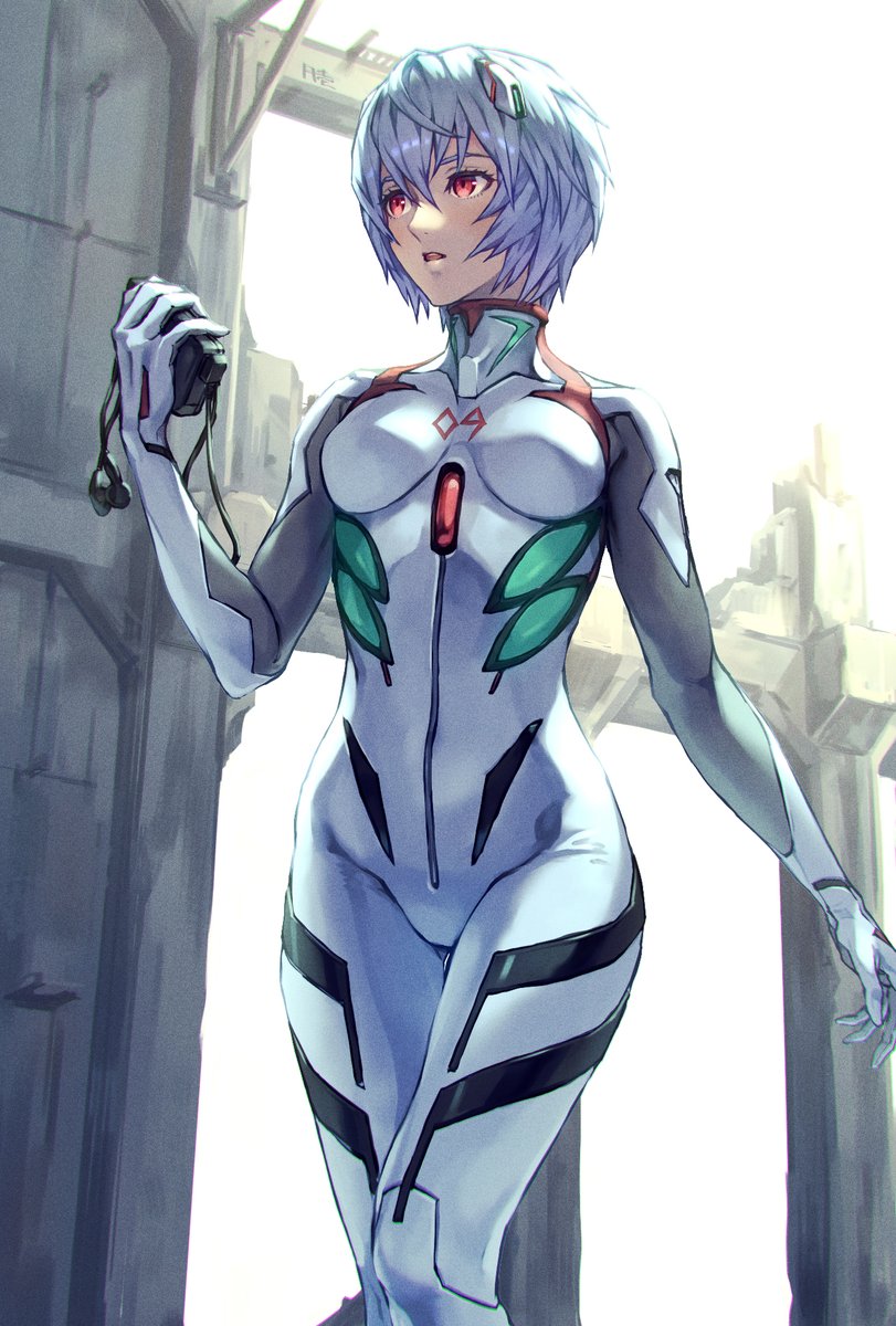 1girl, ayanami_rei, bangs, blue_hair, blush, bodysuit, breasts, earphones