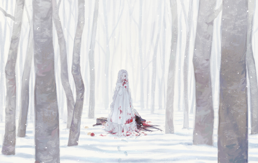 1girl, absurdly_long_hair, absurdres, blood, blood_on_clothes, dress, footprints, highres