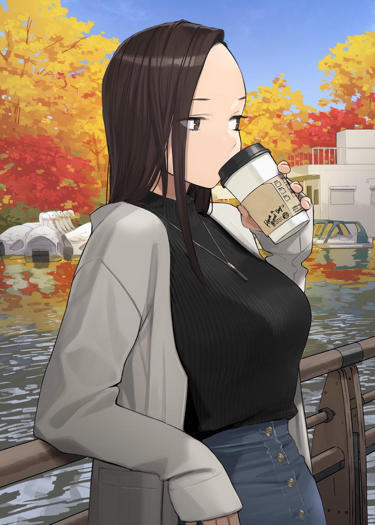 1girl, autumn, black_sweater, blue_sky, breasts, brown_eyes, brown_hair, commentary_request
