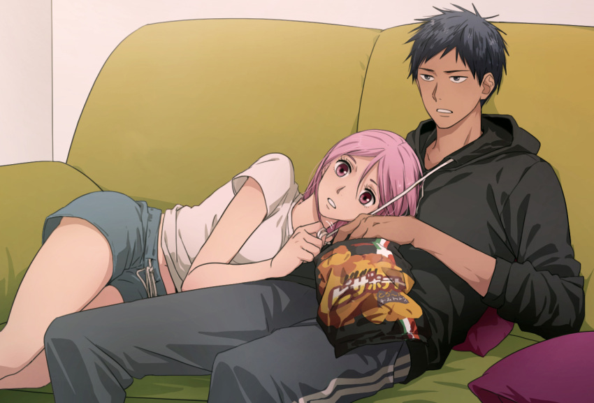 1boy, 1girl, aomine_daiki, bag_of_chips, black_hoodie, blue_eyes, blue_shorts, breasts