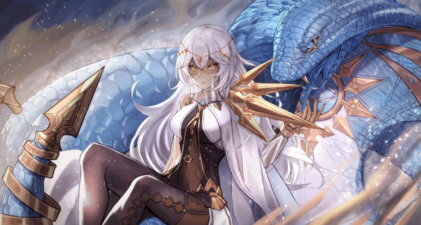 1girl, bangs, black_legwear, blue_eyes, bodystocking, circlet, coat, commentary_request