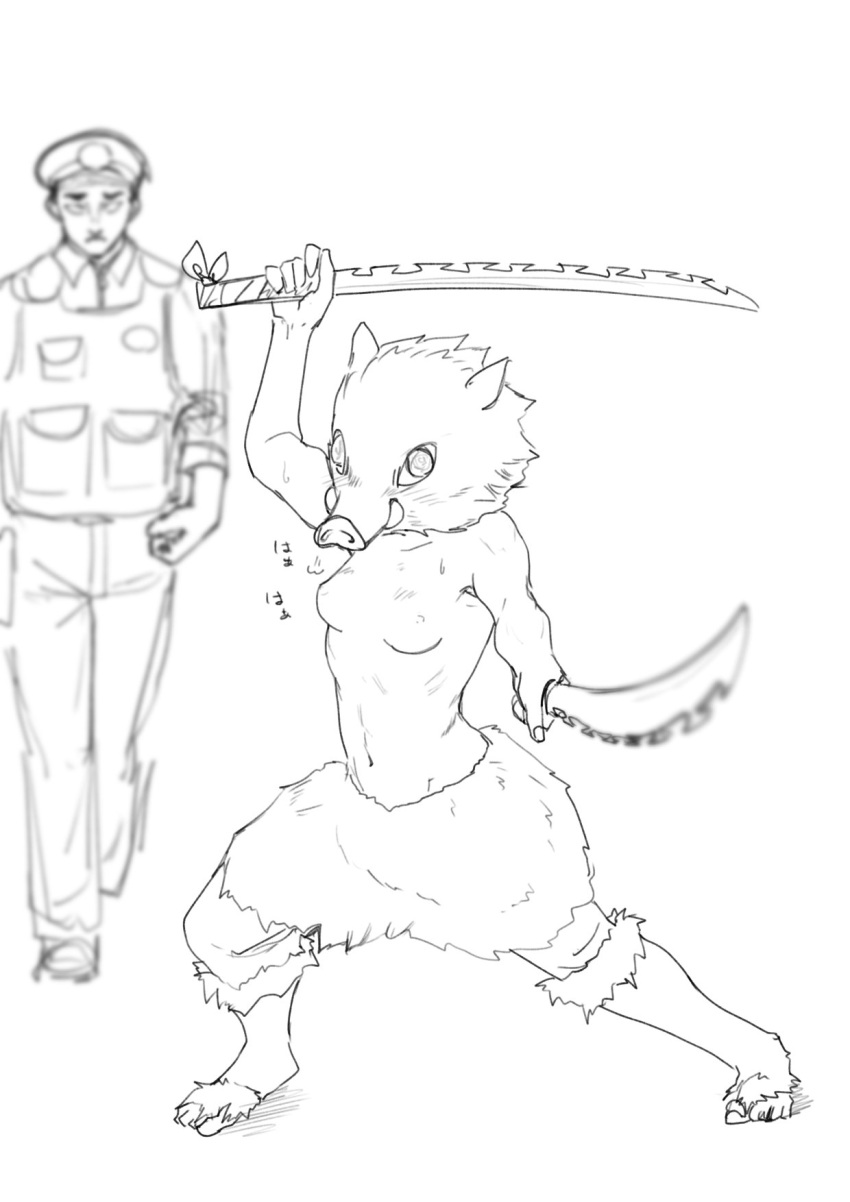 1boy, 1girl, blurry, boar_mask, breasts, breath, commentary, cosplay, crossdressing, depth_of_field, dual_wielding, foreshortening, fur-trimmed_legwear, fur_trim, greyscale, hashibira_inosuke, hashibira_inosuke_(cosplay), highres, holding, holding_sword, holding_weapon, katana, kimetsu_no_yaiba, looking_at_viewer, medium_breasts, monochrome, navel, nipples, original, pants, pointing, pointing_at_viewer, pointing_sword, pointing_weapon, police, police_uniform, policeman, pose, ribs, serrated_sword, shimokori, simple_background, standing, sweat, sword, toeless_footwear, topless, uniform, walking, weapon, white_background
