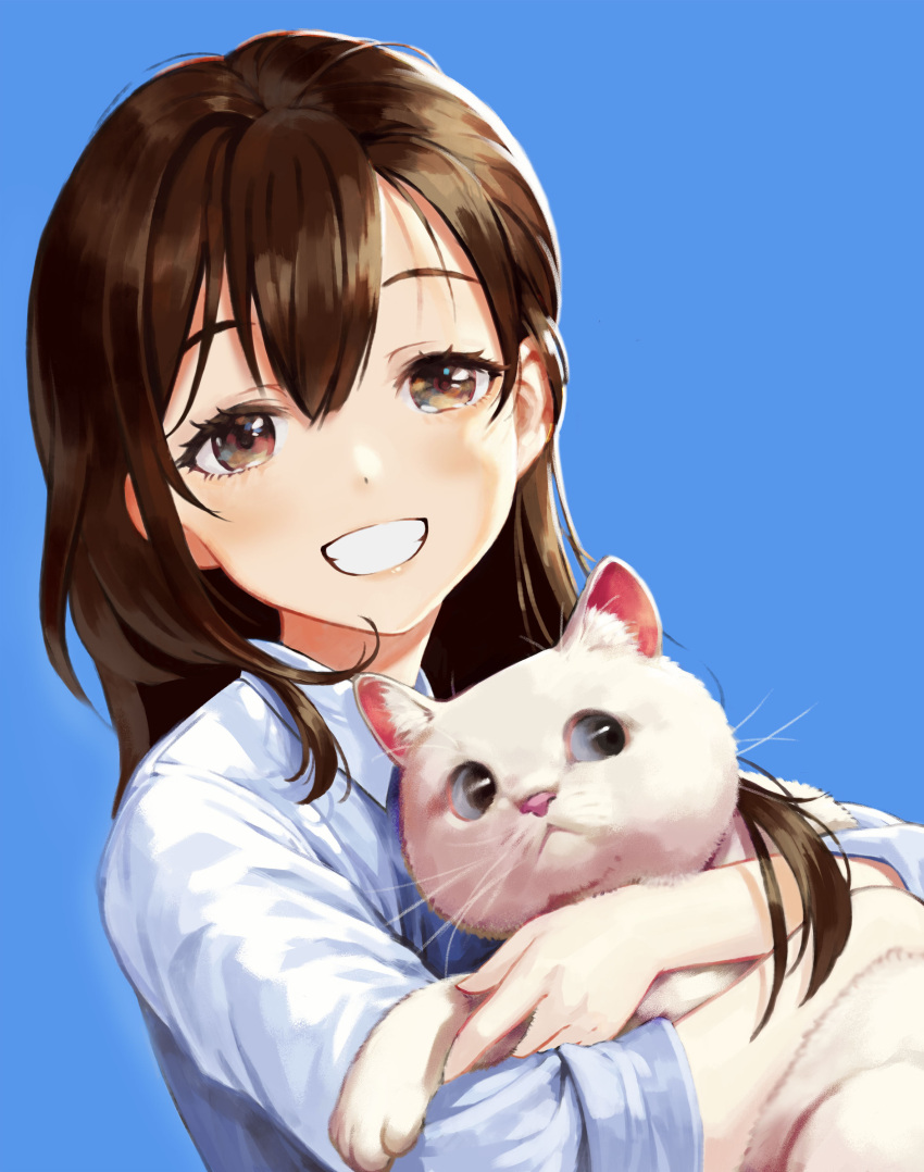 1girl, :d, absurdres, animal, animal_ears, bangs, blue_background, brown_eyes