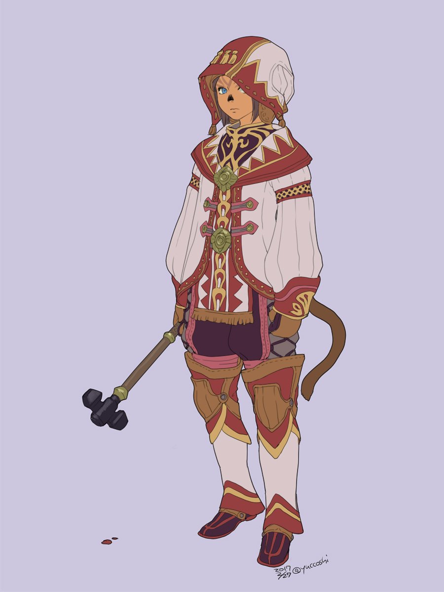 1girl, 2017, arms_at_sides, blue_eyes, brown_hair, cat_tail, closed_mouth, dated, final_fantasy, final_fantasy_xi, full_body, hat, highres, holding, holding_weapon, long_sleeves, looking_at_viewer, mace, mithra_(ff11), mittens, no_eyebrows, purple_background, short_hair, simple_background, solo, standing, tail, twitter_username, weapon, white_mage, yuccoshi