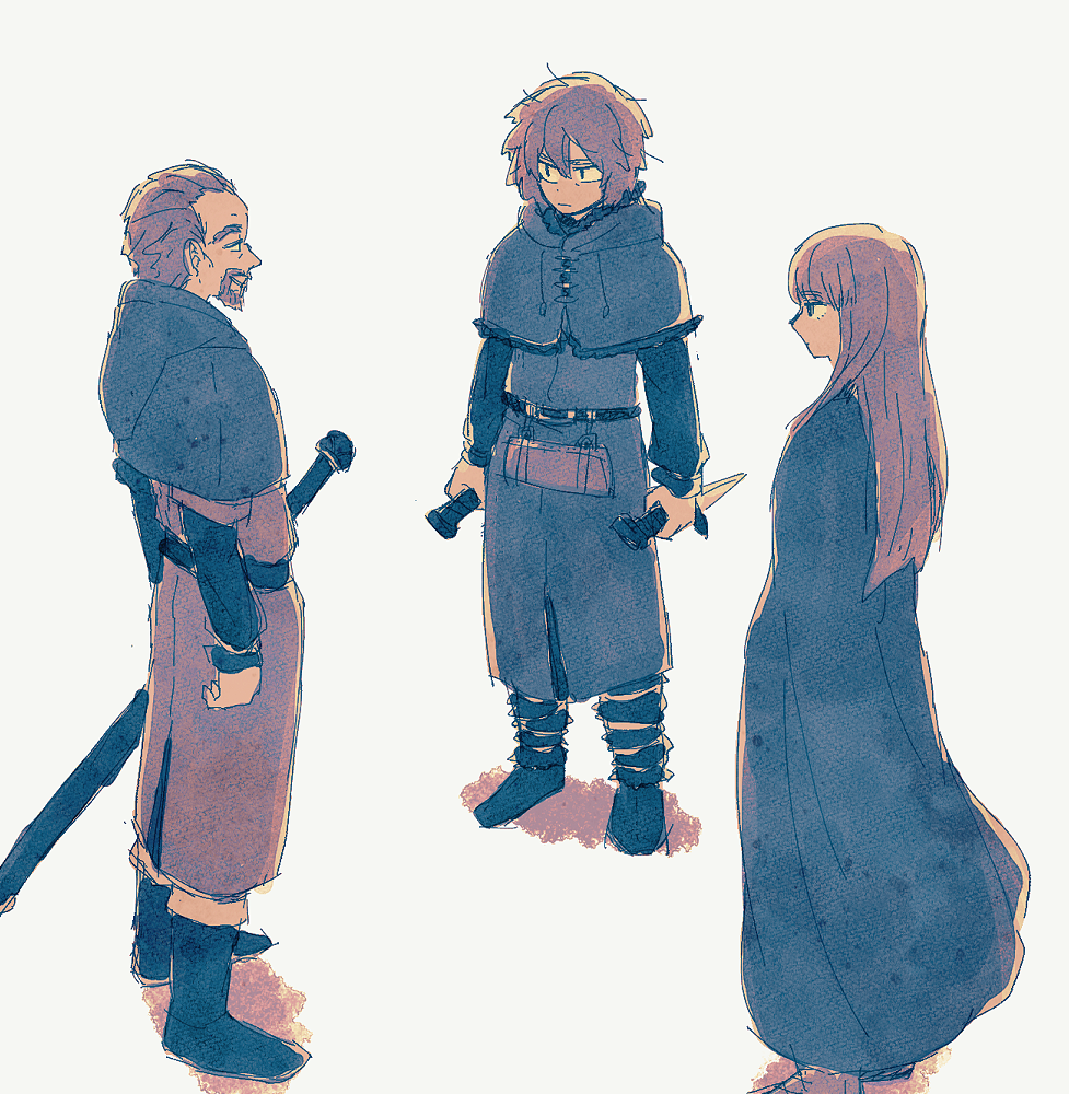 3boys, askeladd, bangs, beard, belt, canute, cape, dagger