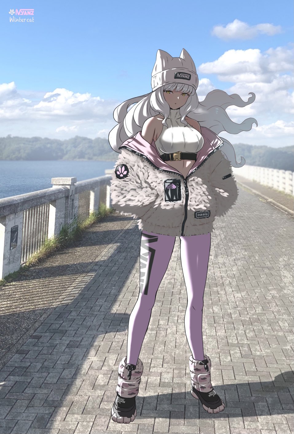 beanie, black_footwear, boots, brand_name_imitation, breasts, bridge, clouds, crop_top