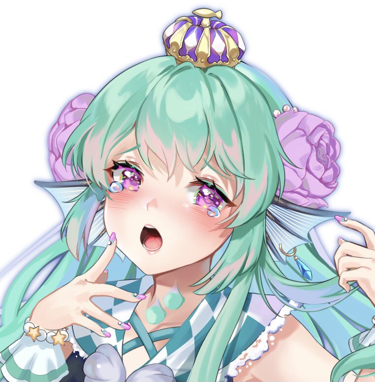 1girl, :o, alice_vu, blush, collarbone, crown, finana_ryugu, flower
