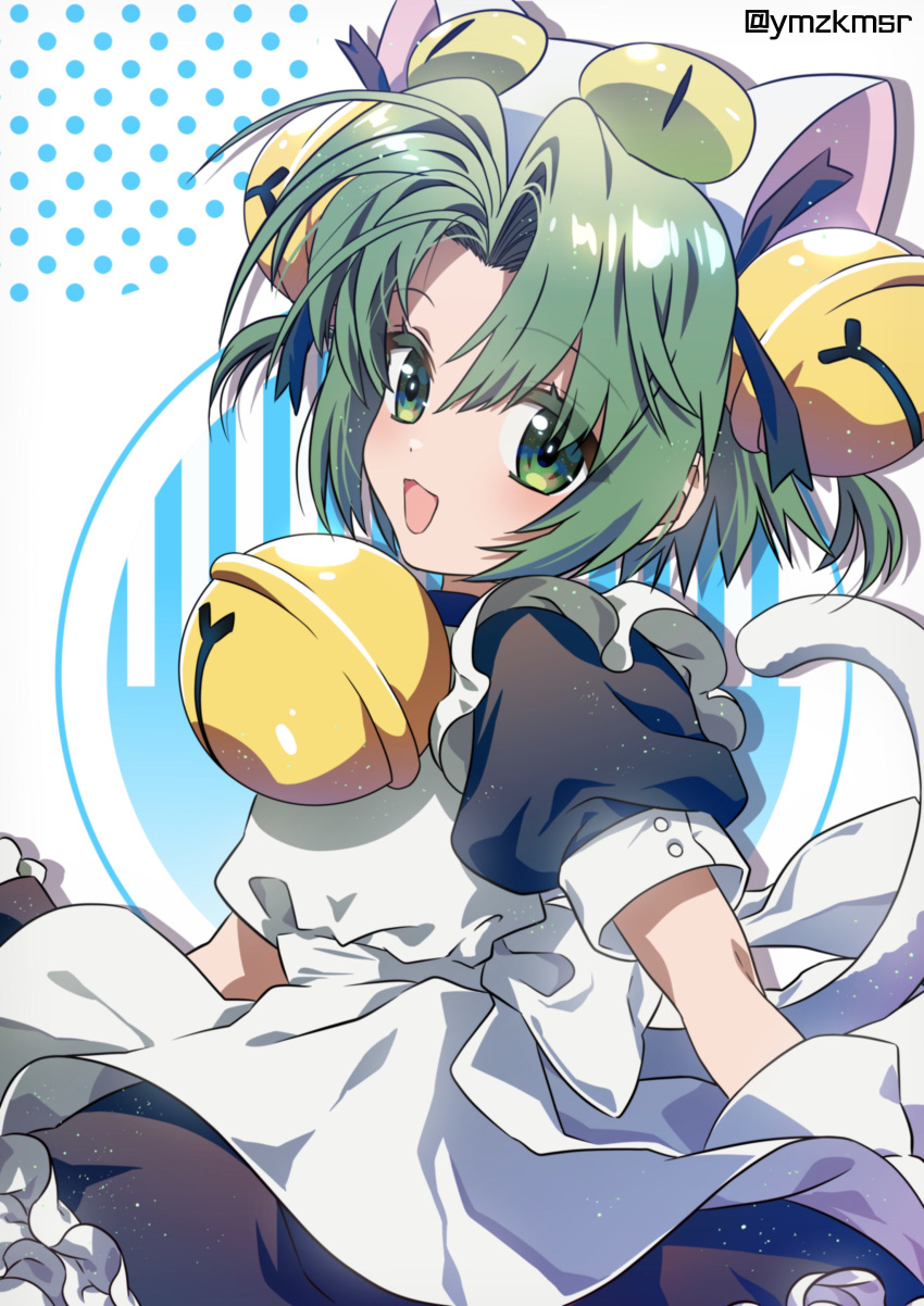 1girl, absurdres, apron, bangs, bell, black_dress, cat_girl, cat_tail