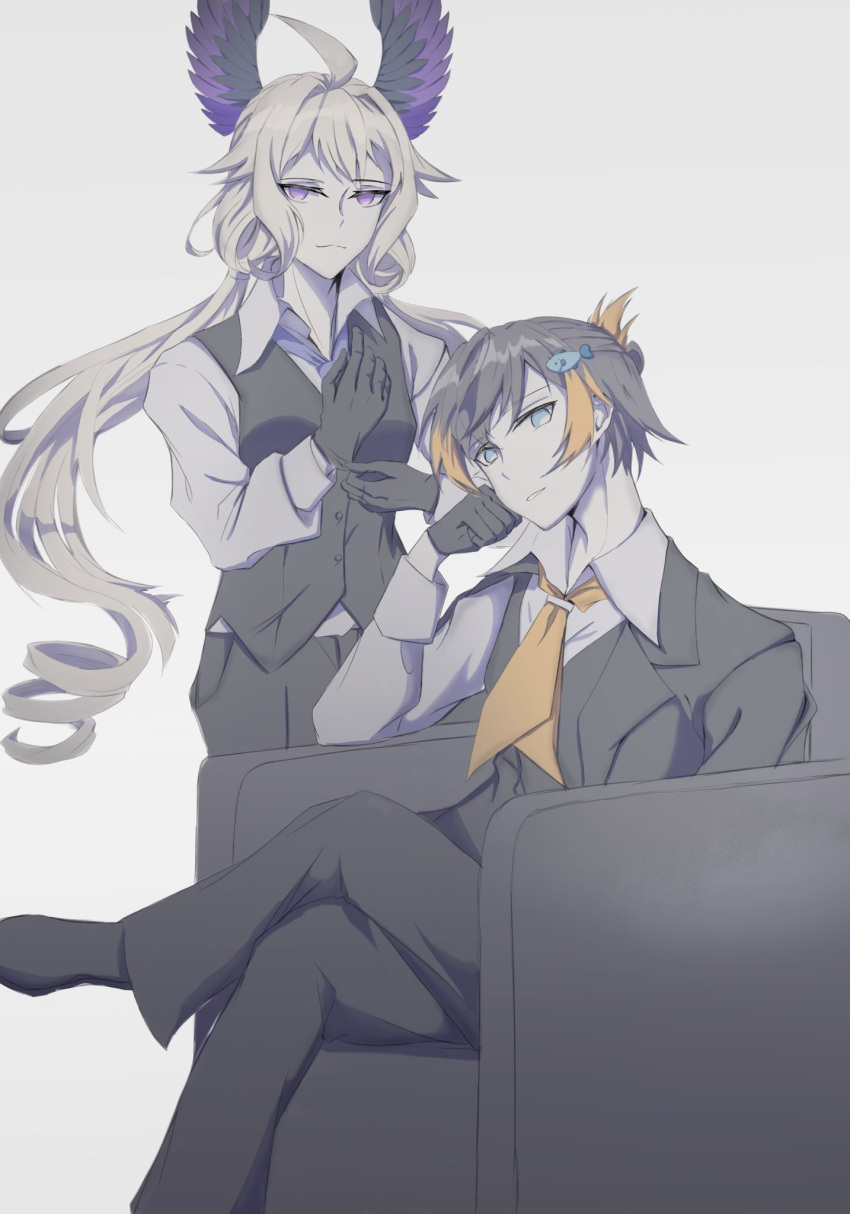 2girls, black_gloves, black_jacket, black_pants, black_vest, blonde_hair, brown_hair, clenched_hand