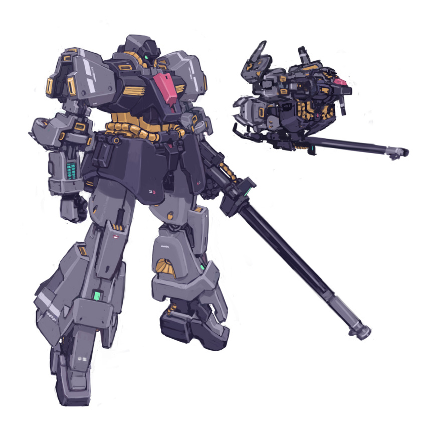 clenched_hand, green_eyes, gun, gundam, holding, holding_gun, holding_weapon, kuroboshi_kouhaku