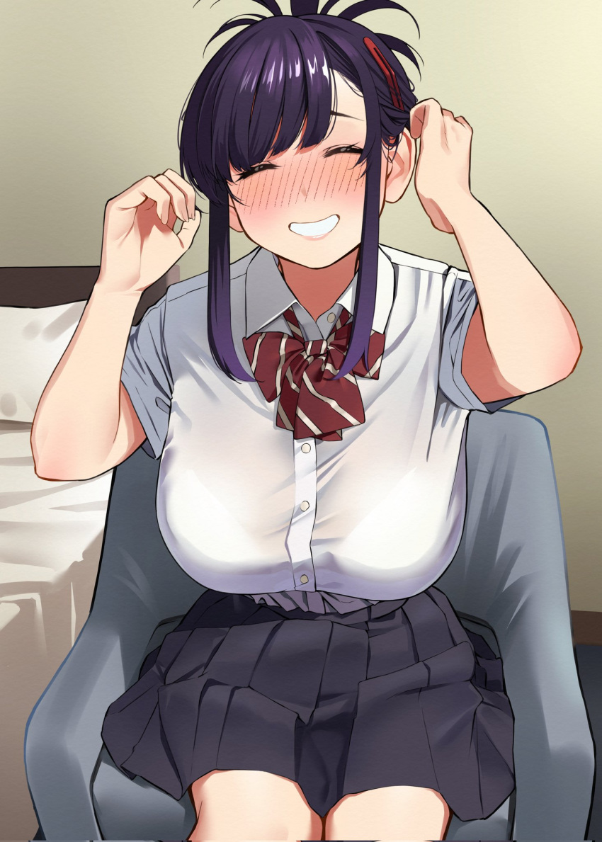 1girl, bangs, bed, black_hair, black_skirt, blush, bra_visible_through_clothes, breasts