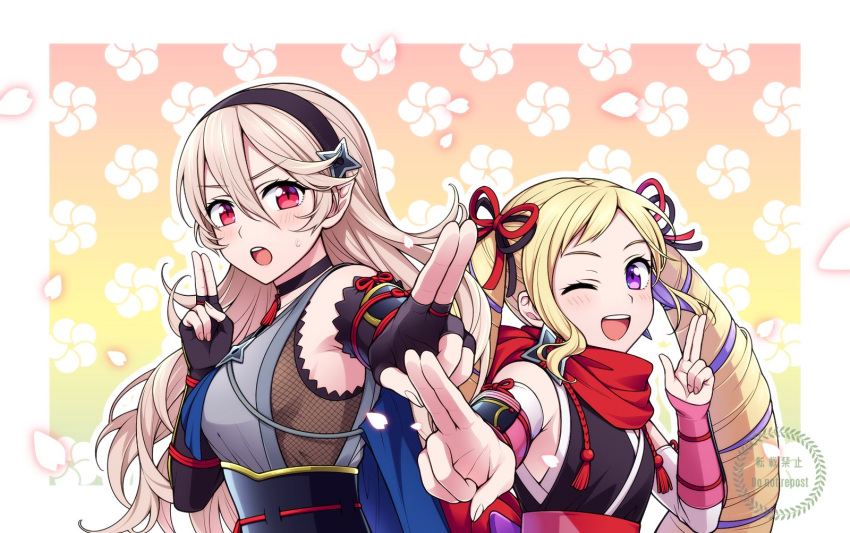 2girls, alternate_costume, bangs, bare_shoulders, black_choker, black_gloves, black_hairband, black_kimono