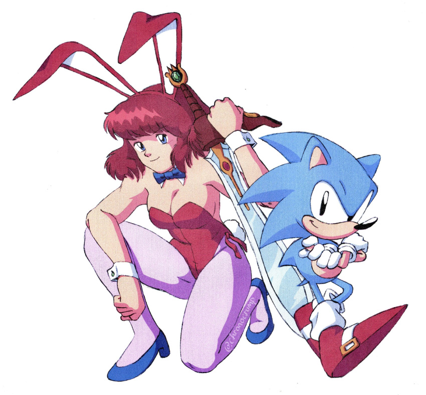 1980s_(style), 1990s_(style), 1boy, 1girl, animal_ears, bangs, bare_shoulders, black_eyes