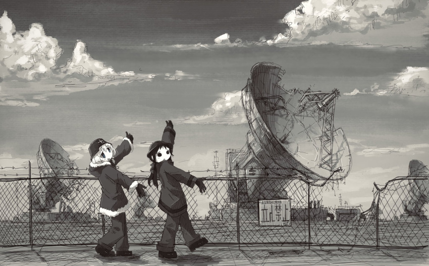 2girls, black_footwear, black_gloves, black_hair, blonde_hair, chito_(shoujo_shuumatsu_ryokou), clouds, cloudy_sky