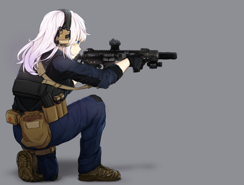 1girl, assault_rifle, black_gloves, blue_eyes, blue_pants, blue_shirt, brown_footwear, bulletproof_vest