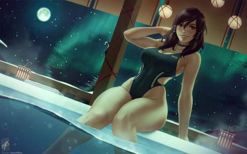 1girl, arm_support, avatar_legends, blue_eyes, blush, breasts, brown_hair, choker