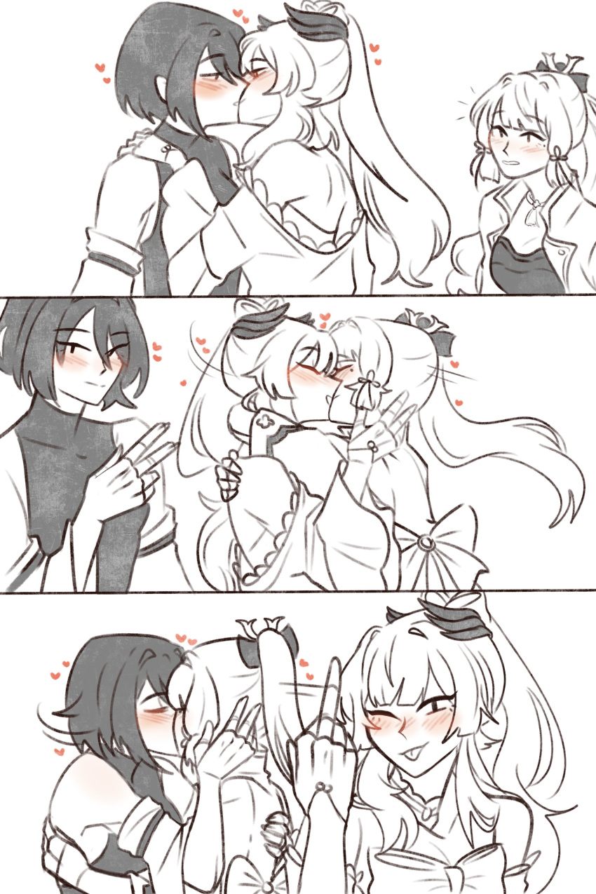 3girls, absurdres, alfaidopasta, blush, closed_mouth, english_commentary, eyebrows_visible_through_hair, eyes_visible_through_hair, genshin_impact, hand_on_another's_back, heart, high_ponytail, highres, kamisato_ayaka, kiss, kujou_sara, long_hair, looking_at_another, middle_finger, mole, mole_under_mouth, multiple_girls, one_eye_closed, parted_lips, polyamory, sangonomiya_kokomi, short_hair, simple_background, tongue, tongue_out, white_background, yuri