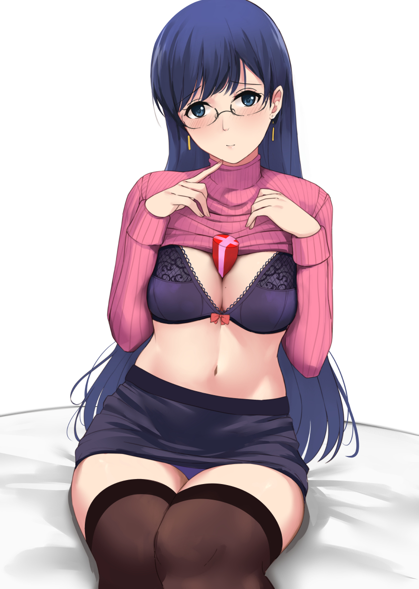 1girl, bangs, between_breasts, black_legwear, black_skirt, blue_eyes, blue_hair, blush