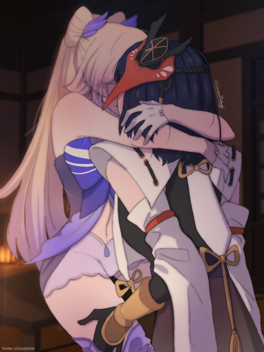 2girls, arms_around_neck, blonde_hair, blue_hair, czasjb, english_commentary, genshin_impact, gloves, half_gloves, hand_on_thigh, hand_under_clothes, highres, hug, kujou_sara, long_hair, multiple_girls, sangonomiya_kokomi, short_hair, signature, sweat, twitter_username, white_gloves, yuri