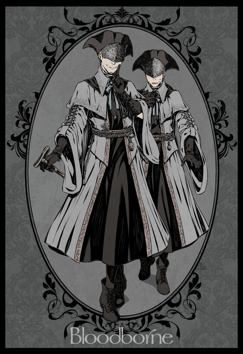 2boys, absurdres, ankle_boots, black_border, black_dress, black_footwear, black_gloves, black_headwear, blindfold, bloodborne, boots, border, cane, capelet, closed_mouth, commentary_request, cosplay, covered_eyes, dress, facial_hair, gloves, goatee, grey_background, grey_capelet, grey_jacket, grey_ribbon, hand_up, hat, heel_up, highres, holding, index_finger_raised, jacket, kamezaemon, multiple_boys, neck_ribbon, open_mouth, outside_border, ribbon, shoes, smile, standing, sweat, yurie_the_last_scholar, yurie_the_last_scholar_(cosplay)