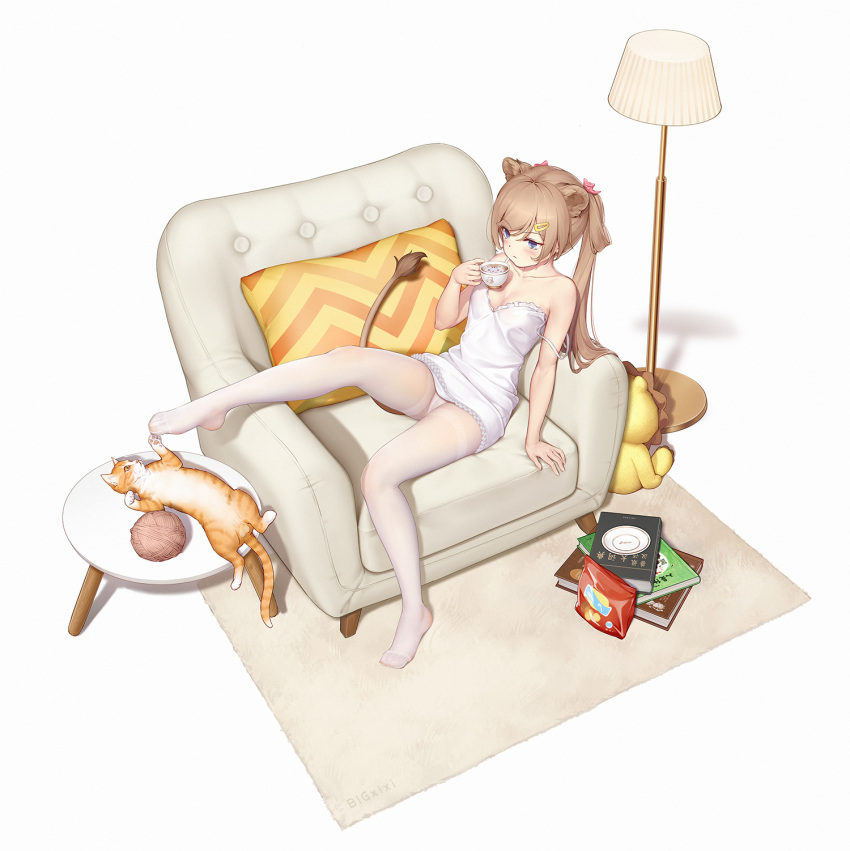 1girl, animal_ears, bangs, bare_arms, bigxixi, blue_eyes, book, breasts
