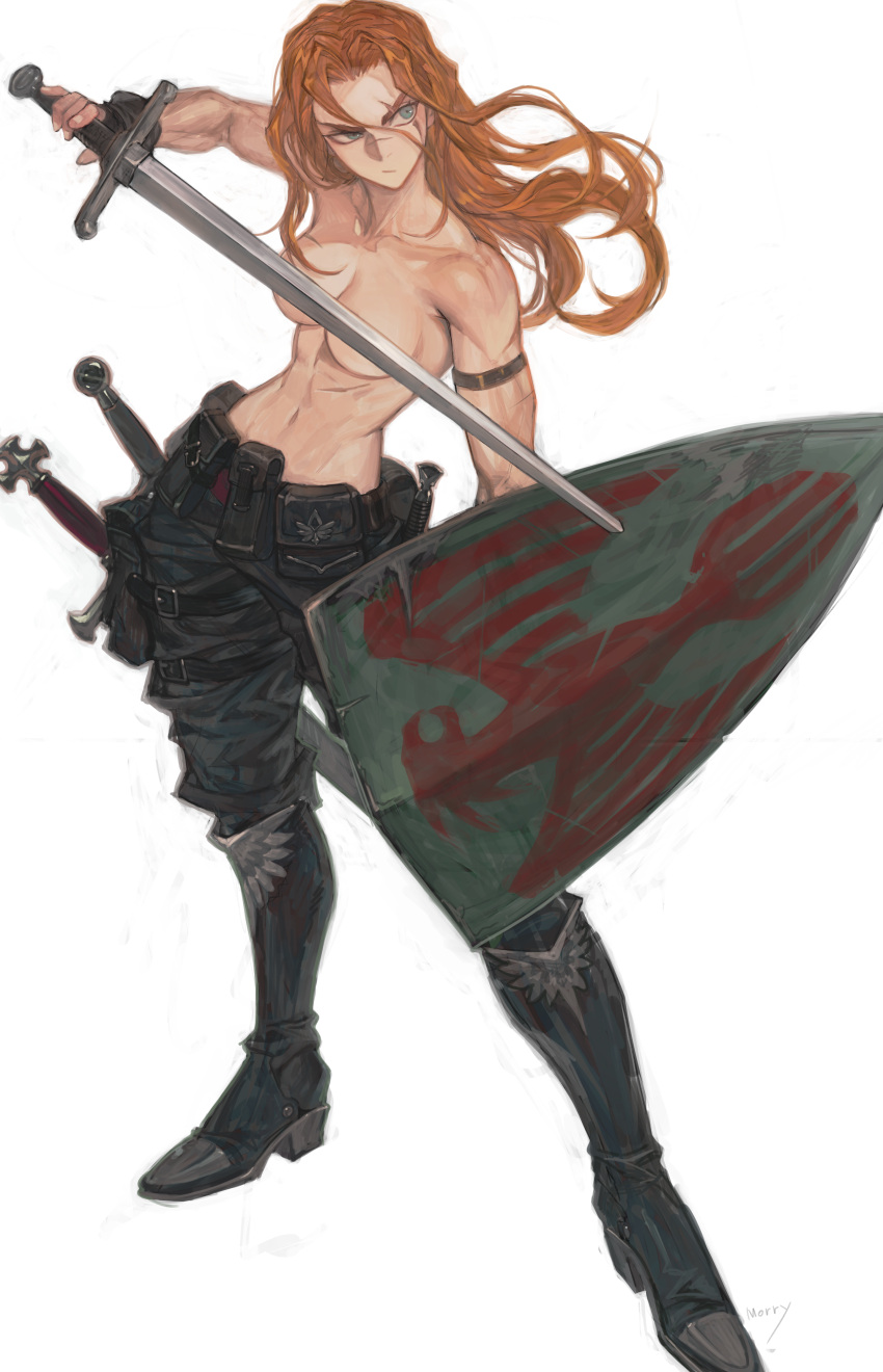 1girl, absurdres, armband, armored_boots, belt, belt_pouch, boots, breasts