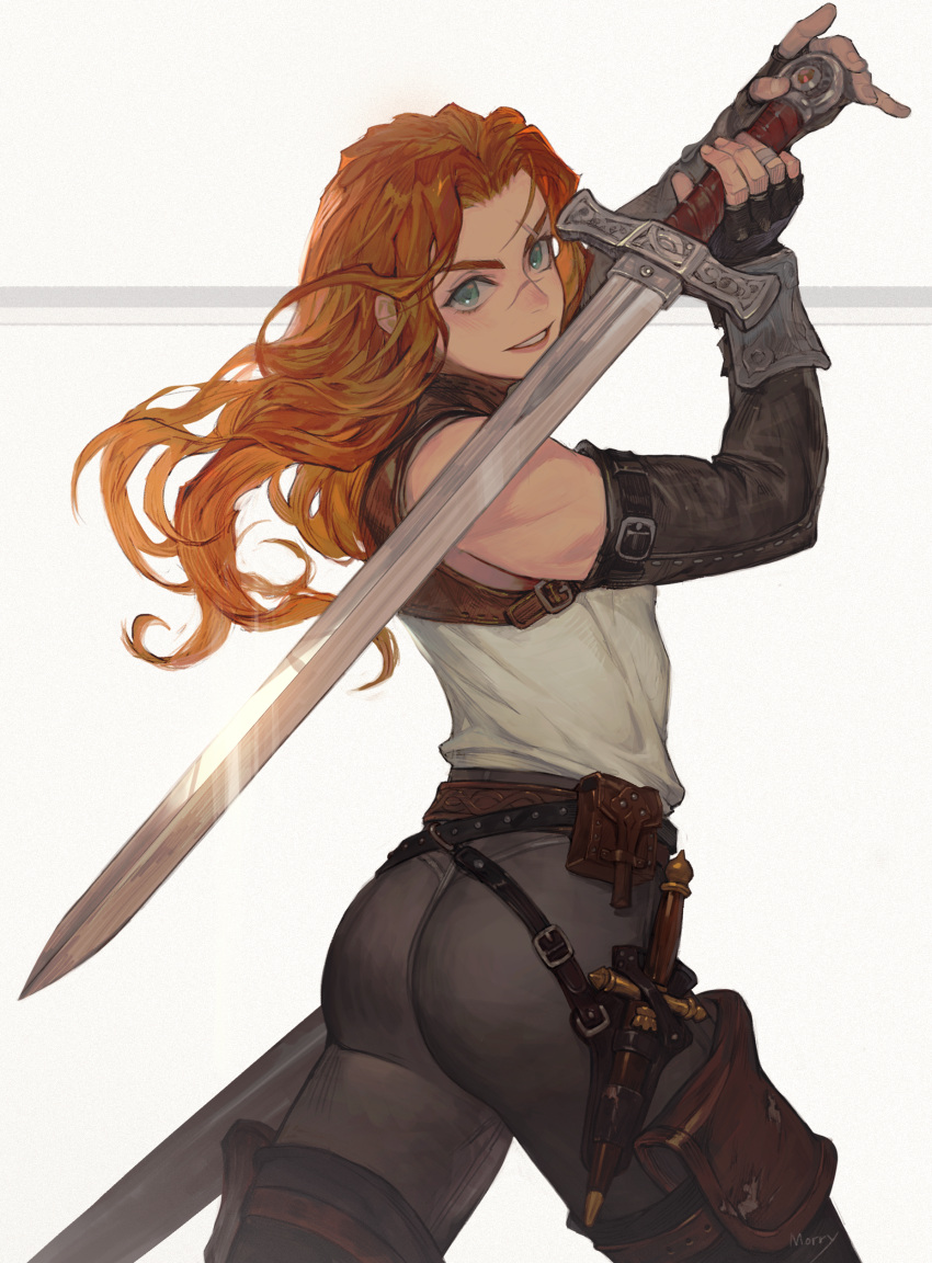 1girl, absurdres, armor, ass, backlighting, belt_pouch, black_footwear, blue_eyes