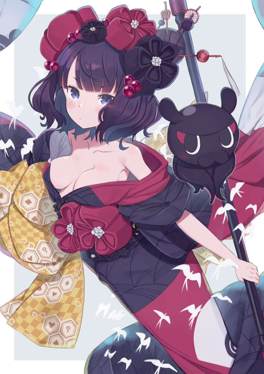 1girl, absurdres, animal, bangs, bare_shoulders, black_hair, black_kimono, blue_eyes