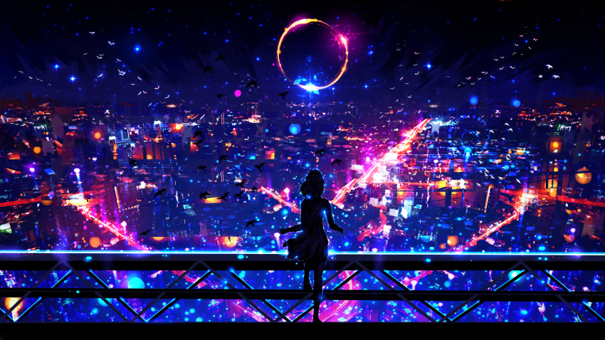 1girl, absurdres, animal, bird, black_background, blue_background, city, colorful
