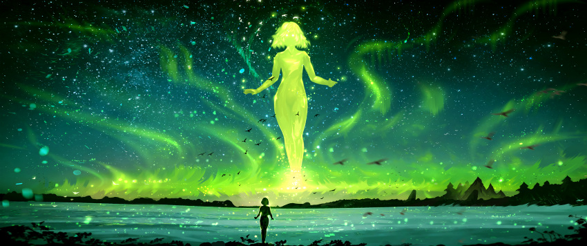 2girls, absurdres, animal, aurora, bird, fantasy, giant, glowing