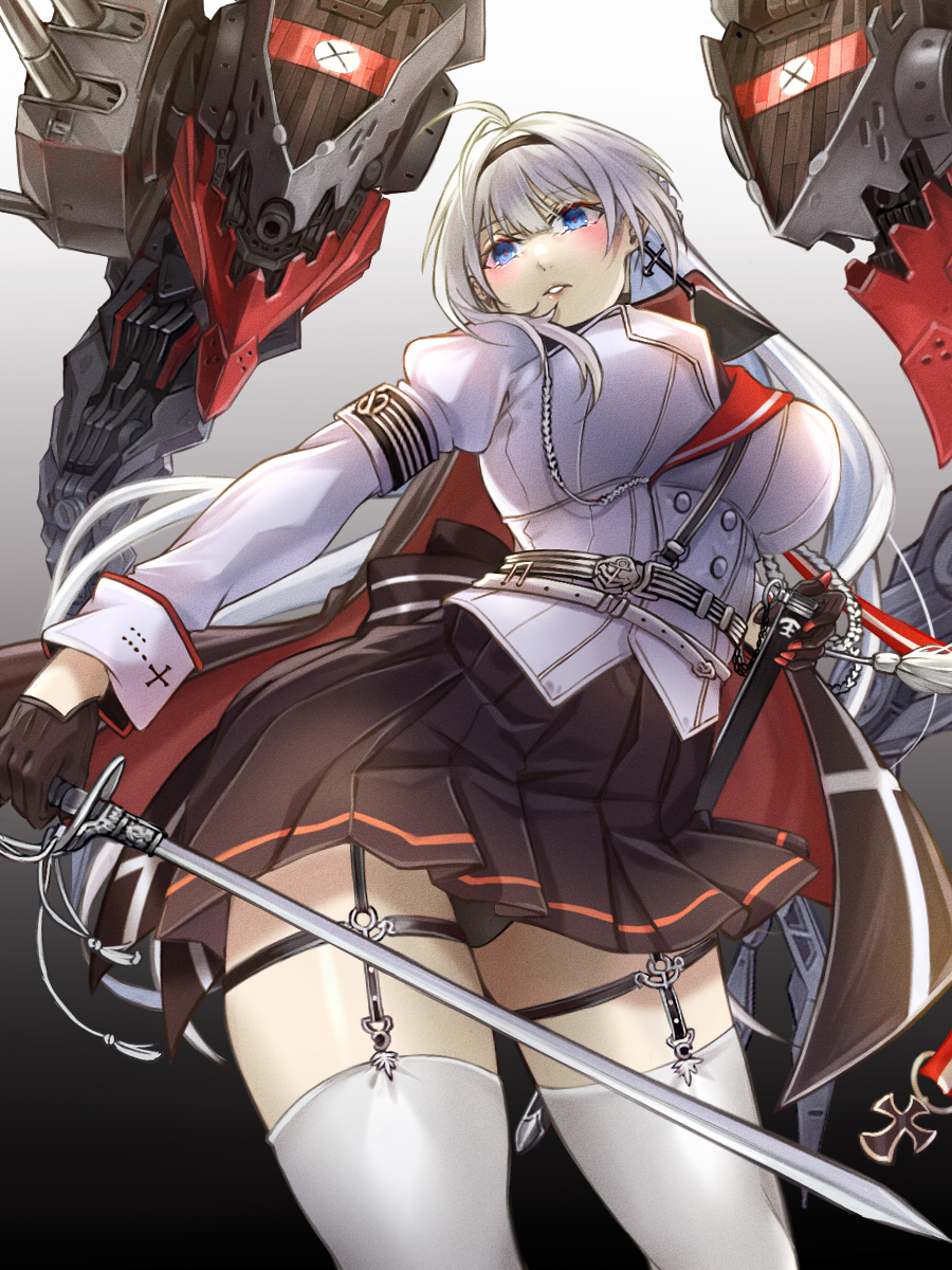 1girl, azur_lane, black_cape, black_gloves, black_hairband, black_panties, black_skirt, blue_eyes