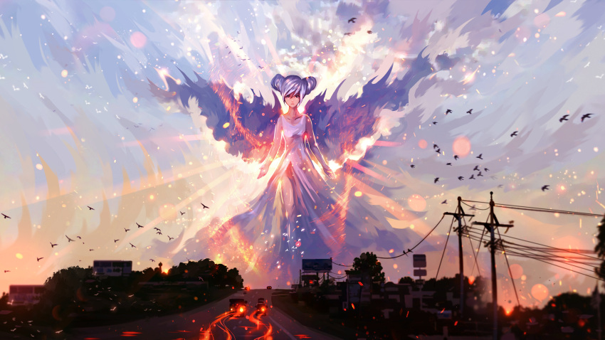 1girl, absurdres, angel, animal, bare_arms, bare_shoulders, bird, blue_hair, car, clouds, collarbone, day, double_bun, dress, english_commentary, glowing, ground_vehicle, highres, house, long_dress, looking_at_viewer, motor_vehicle, original, outdoors, power_lines, rykyart, scenery, shiny, shiny_hair, solo, standing, tree, white_dress, wings