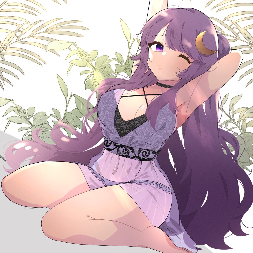 1girl, armpits, arms_up, bangs, bare_shoulders, black_choker, breasts, choker