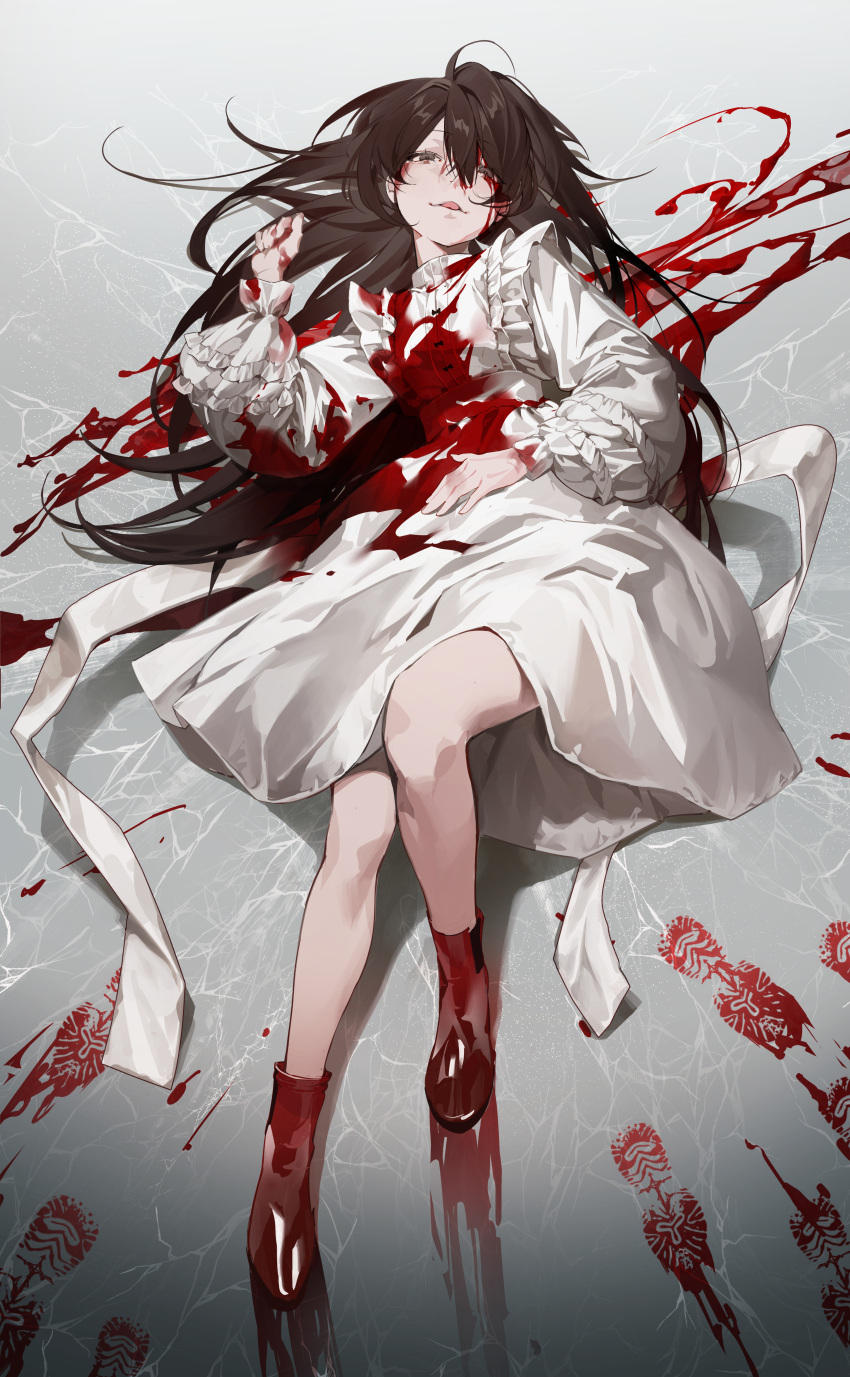 1girl, absurdres, bangs, blood, blood_on_clothes, blood_on_dress, blood_on_face, blood_stain