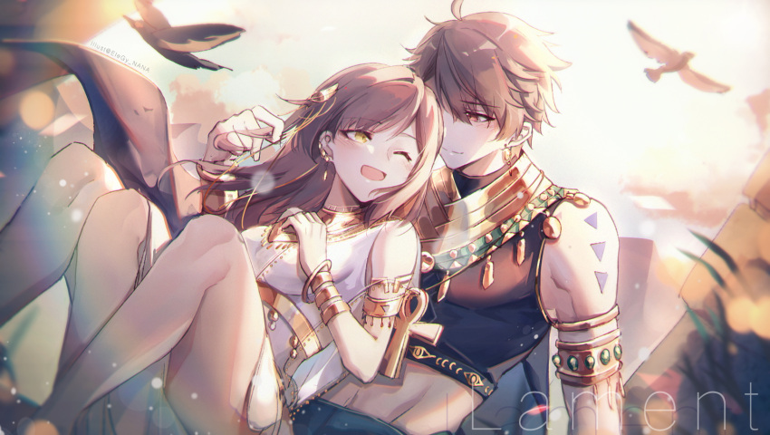 1boy, 1girl, :d, bangs, bird, black_shirt, breasts, brown_eyes