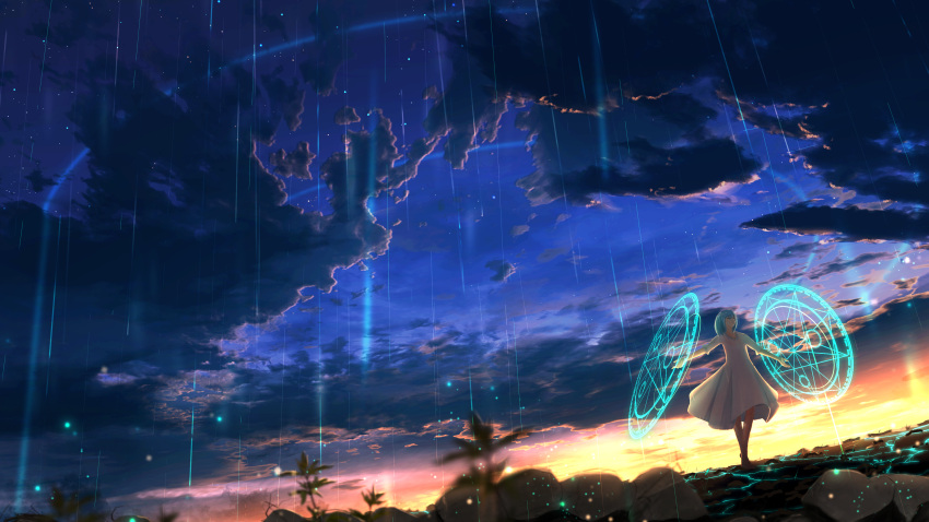 1girl, absurdres, adsuger, barefoot, blue_hair, closed_eyes, clouds, dress