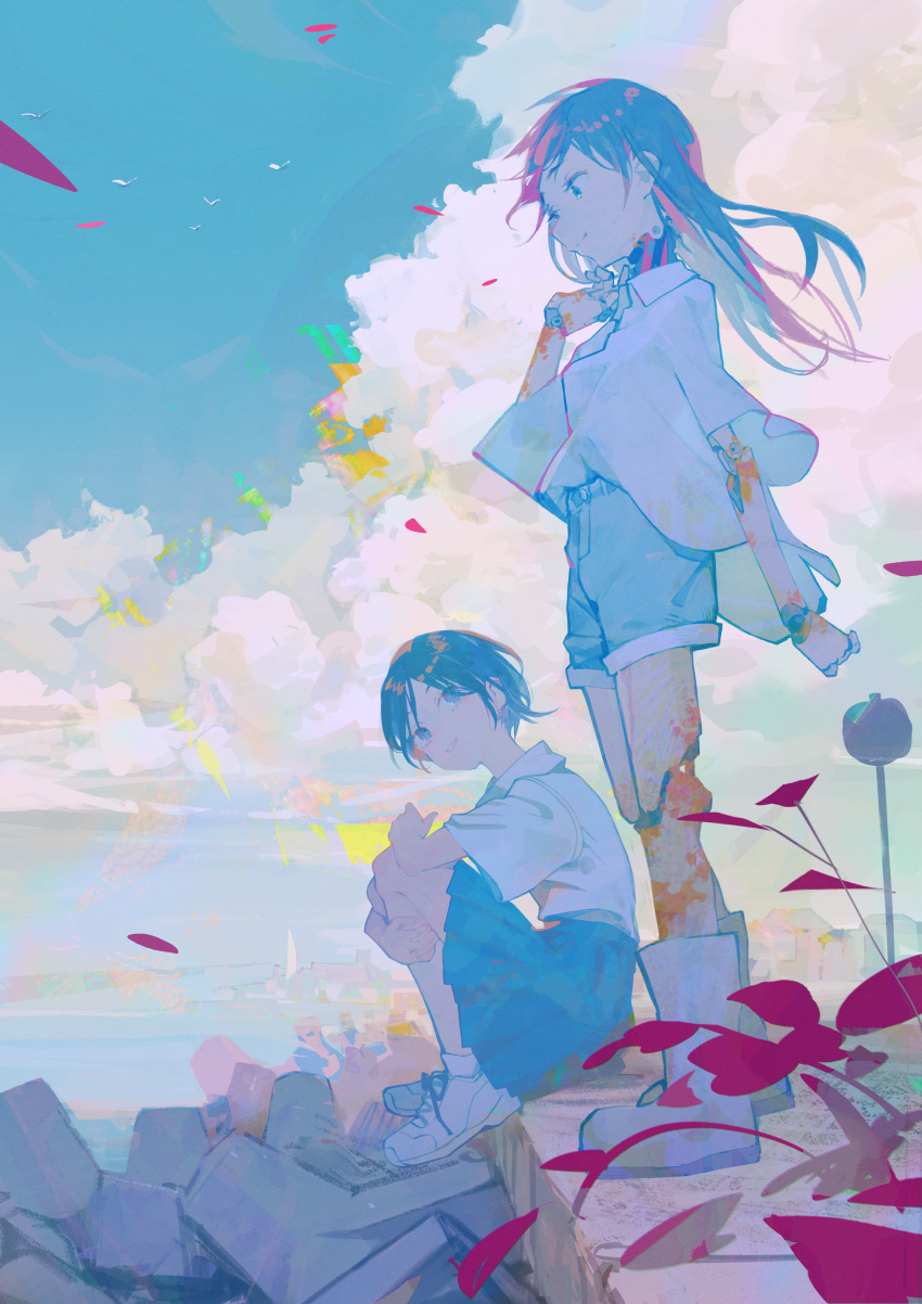 2girls, aamond, absurdres, ankle_boots, blue_eyes, blue_hair, blue_shorts, blue_skirt