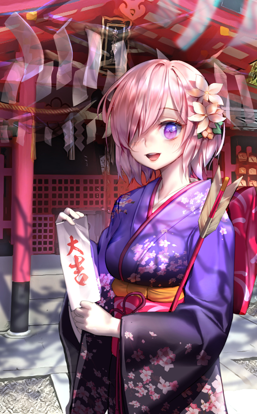 1girl, :d, absurdres, arrow_(projectile), bangs, bare_tree, blush, breasts, cherry_blossom_print, cowboy_shot, ema, eye_reflection, eyebrows_visible_through_hair, fate/grand_order, fate_(series), floral_print, flower, grand_new_year_(fate), hair_between_eyes, hair_flower, hair_ornament, hair_over_one_eye, hamaya, highres, holding, holding_paper, japanese_clothes, kimono, large_breasts, long_sleeves, looking_at_viewer, mash_kyrielight, myumyu_(myu12), obi, omikuji, open_mouth, paper, pink_hair, print_kimono, purple_kimono, reflection, revision, sash, shadow, shide, short_hair, shrine, smile, solo, standing, teeth, translation_request, tree, tree_shade, upper_teeth, violet_eyes, wide_sleeves