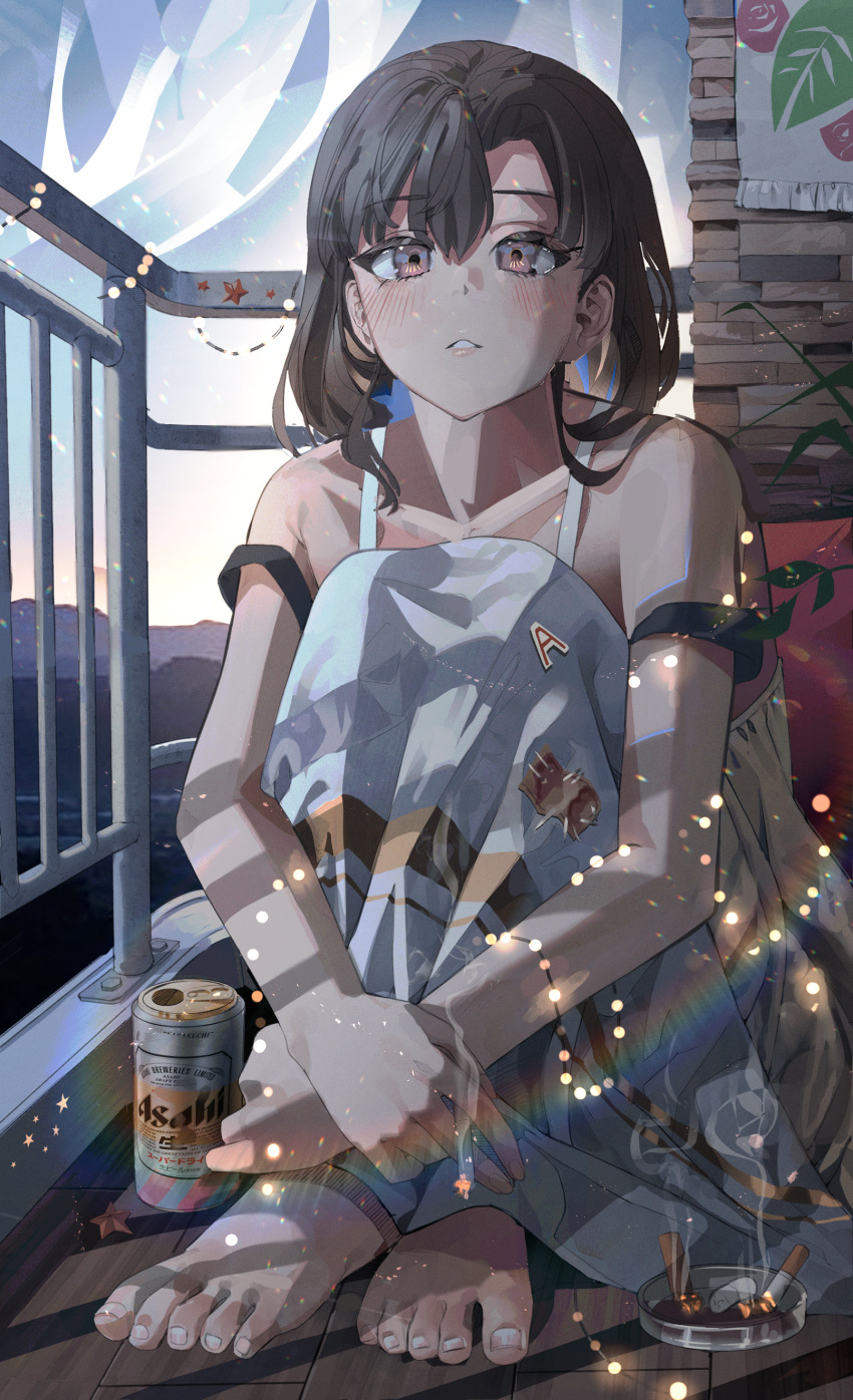 1girl, absurdres, alcohol, asahi_breweries, ashtray, balcony, bare_shoulders, barefoot