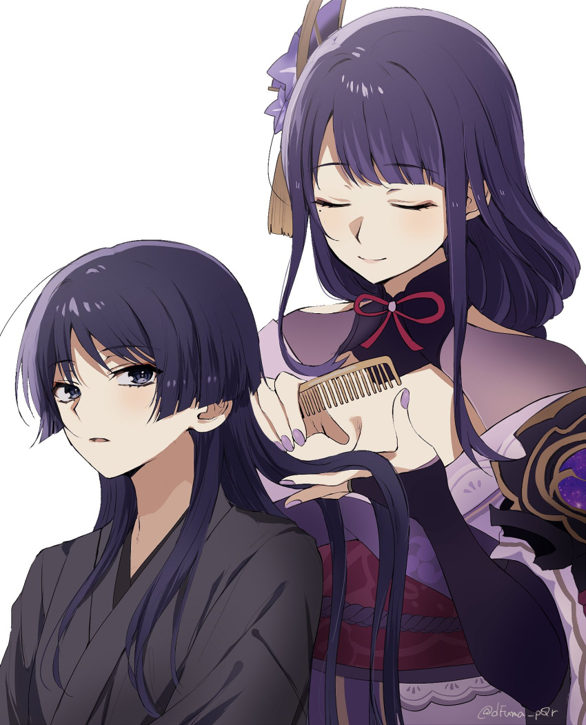 1boy, 1girl, alternate_hairstyle, bangs, blue_eyes, blunt_bangs, brushing_another's_hair, closed_eyes, comb, combing, commentary, dfuma_pqr, genshin_impact, grey_background, hair_ornament, highres, holding, holding_comb, japanese_clothes, kimono, long_hair, mole, mole_under_eye, obi, obijime, parted_lips, purple_hair, purple_kimono, purple_nails, raiden_shogun, sash, scaramouche_(genshin_impact), simple_background, smile, twitter_username, upper_body, yukata