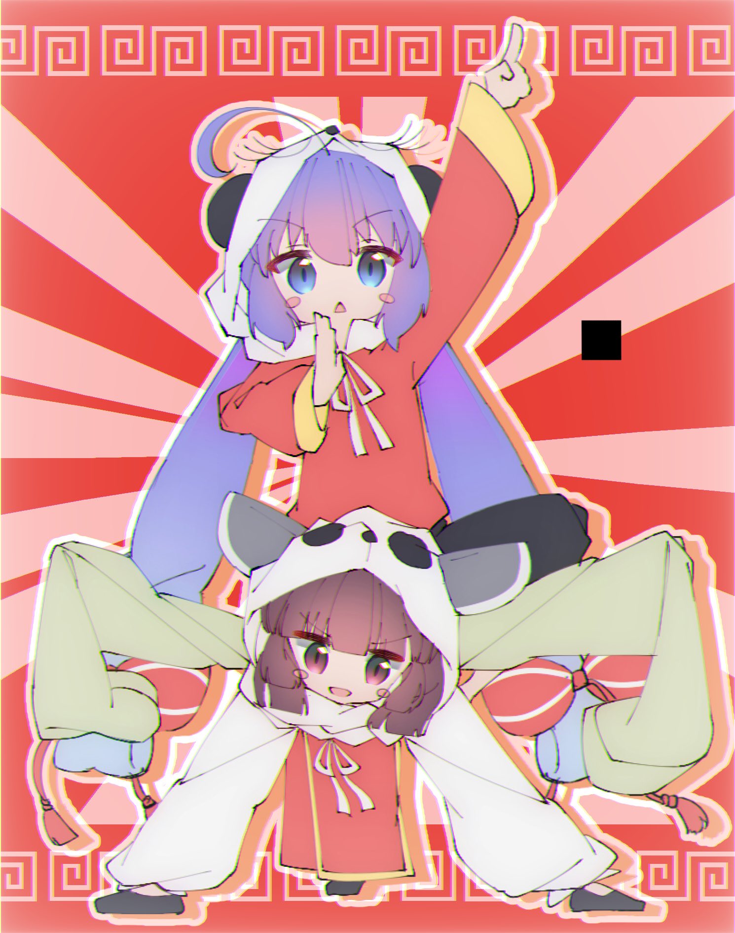 2girls, animal_hood, arm_up, bent_over, blue_eyes, blue_hair, blush_stickers, brown_hair
