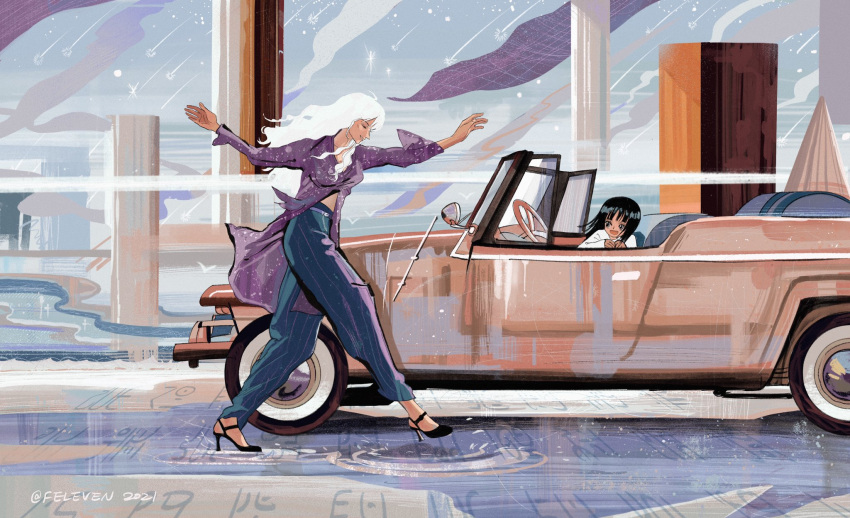 2girls, :d, arms_up, black_hair, car, closed_eyes, feleven, ground_vehicle
