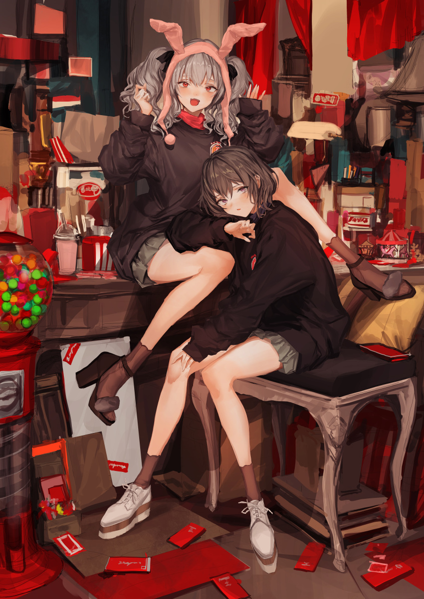 2girls, :d, absurdres, animal_ears, arm_rest, between_legs, black_shirt, book, book_stack, brown_footwear, brown_hair, brown_legwear, chair, cup, disposable_cup, drinking_straw, fake_animal_ears, fang, full_body, grey_skirt, gumball_machine, hand_on_own_leg, hands_up, head_tilt, high_heels, highres, ichijou_riana, indoors, kankunen_yua, knee_up, knees_together_feet_apart, lavender_quartz, lm7_(op-center), long_hair, long_sleeves, looking_at_viewer, messy_room, miniskirt, multiple_girls, on_chair, on_lap, on_table, open_mouth, parted_lips, pleated_skirt, puffy_sleeves, rabbit_ears, red_eyes, shirt, shoes, short_hair, silver_hair, sitting, skirt, sleeves_past_wrists, smile, sneakers, socks, strappy_heels, sweatshirt, table, turtleneck, twintails, violet_eyes, wavy_hair, white_footwear