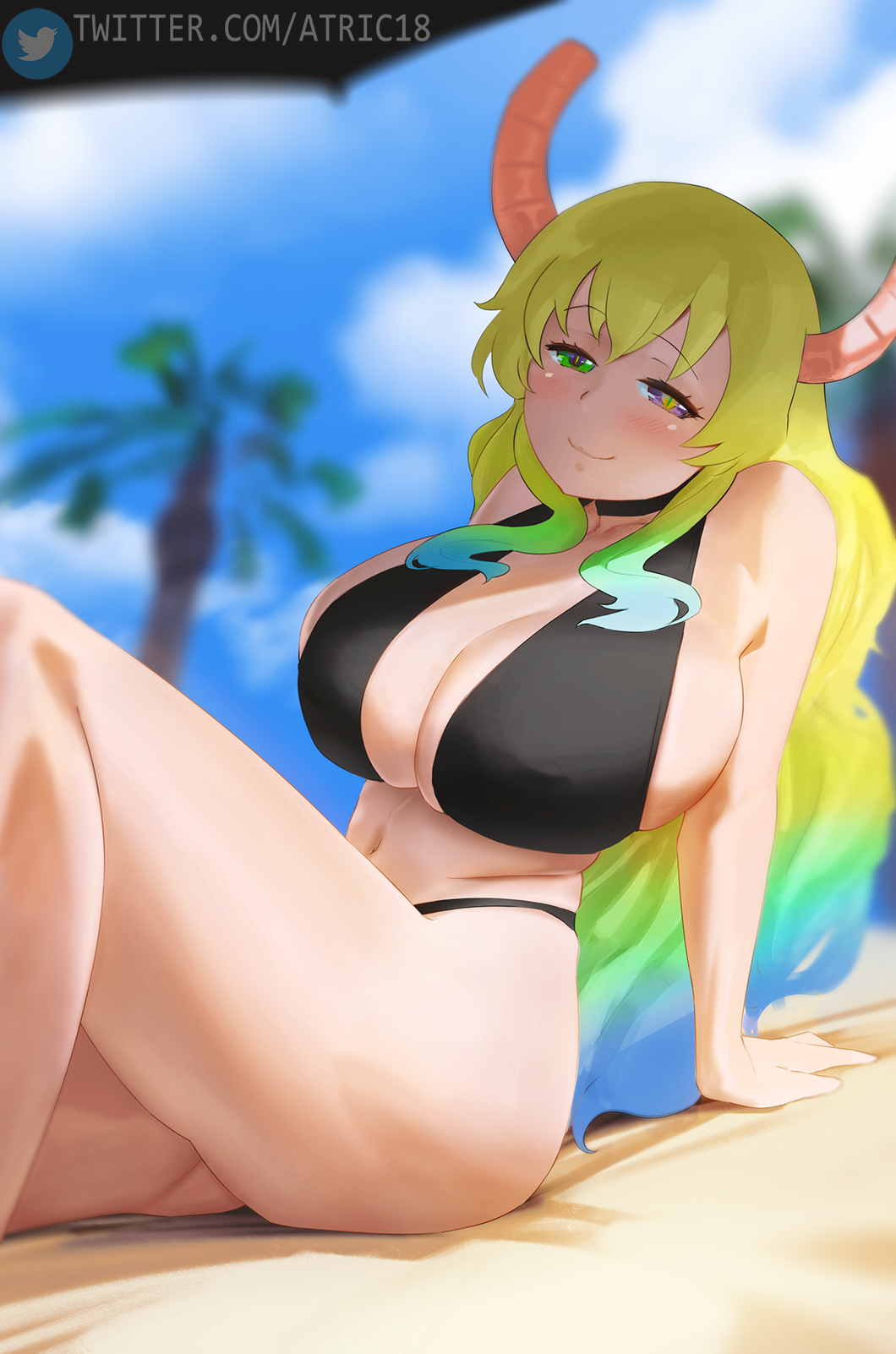 1girl, atric18, bangs, bikini, black_bikini, blonde_hair, blue_hair, blurry