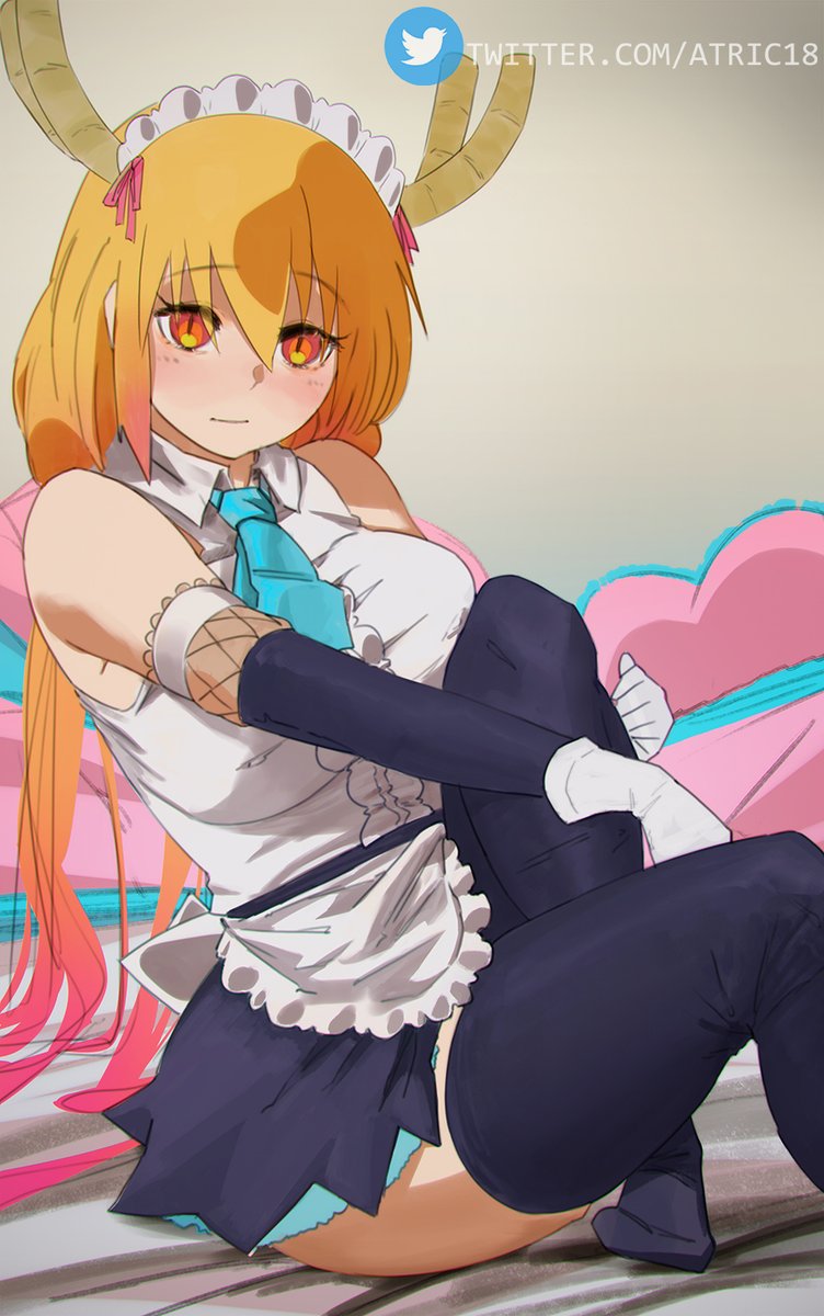 1girl, alternate_costume, apron, aqua_necktie, atric18, bangs, bare_shoulders, black_gloves