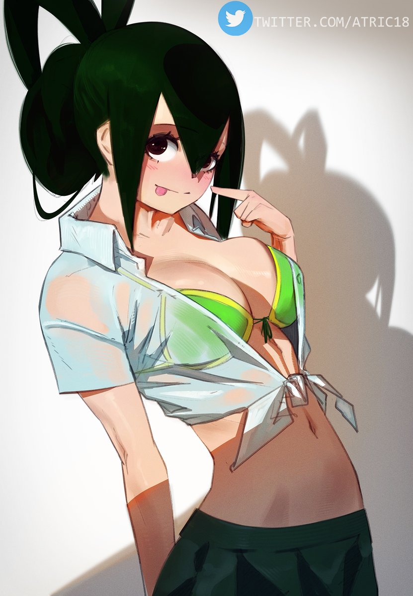 arm_behind_back, asui_tsuyu, atric18, bikini, bikini_top, blush, boku_no_hero_academia, breasts