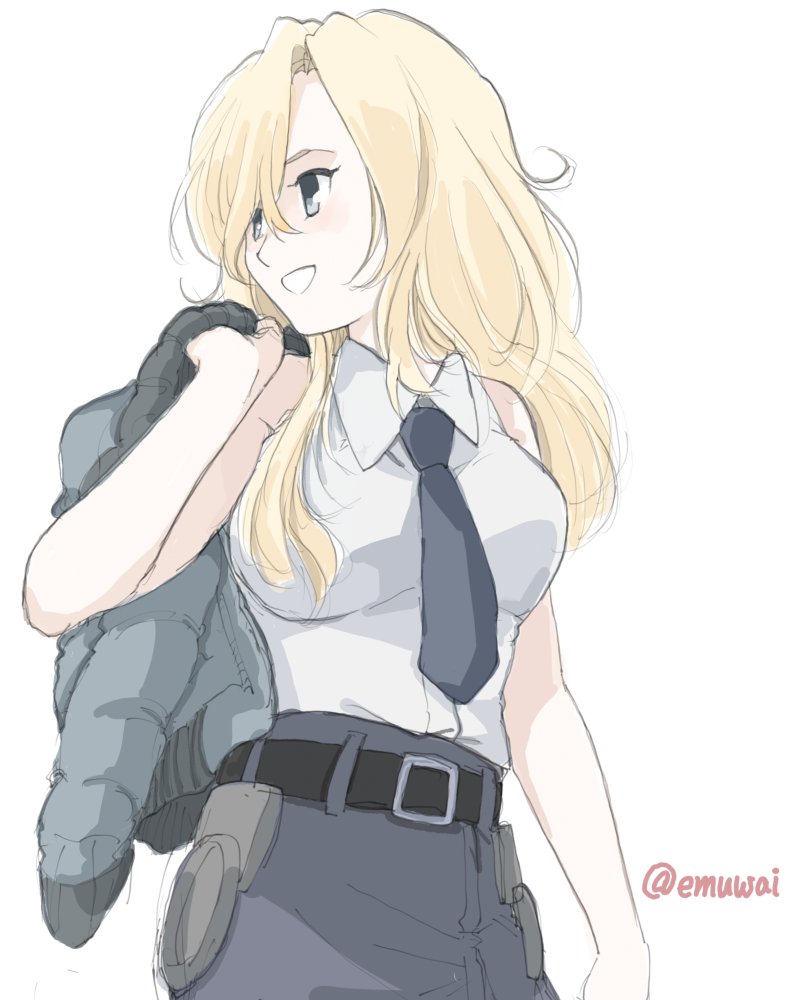 1girl, belt, black_belt, black_jacket, black_neckwear, black_skirt, blonde_hair, bomber_jacket