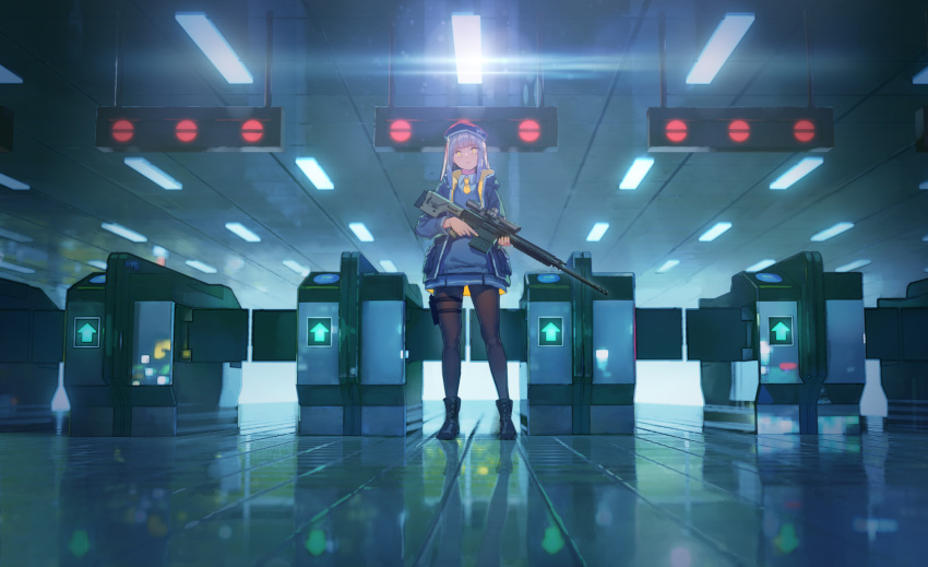 1girl, bangs, beret, blunt_bangs, boots, gun, hat, highres