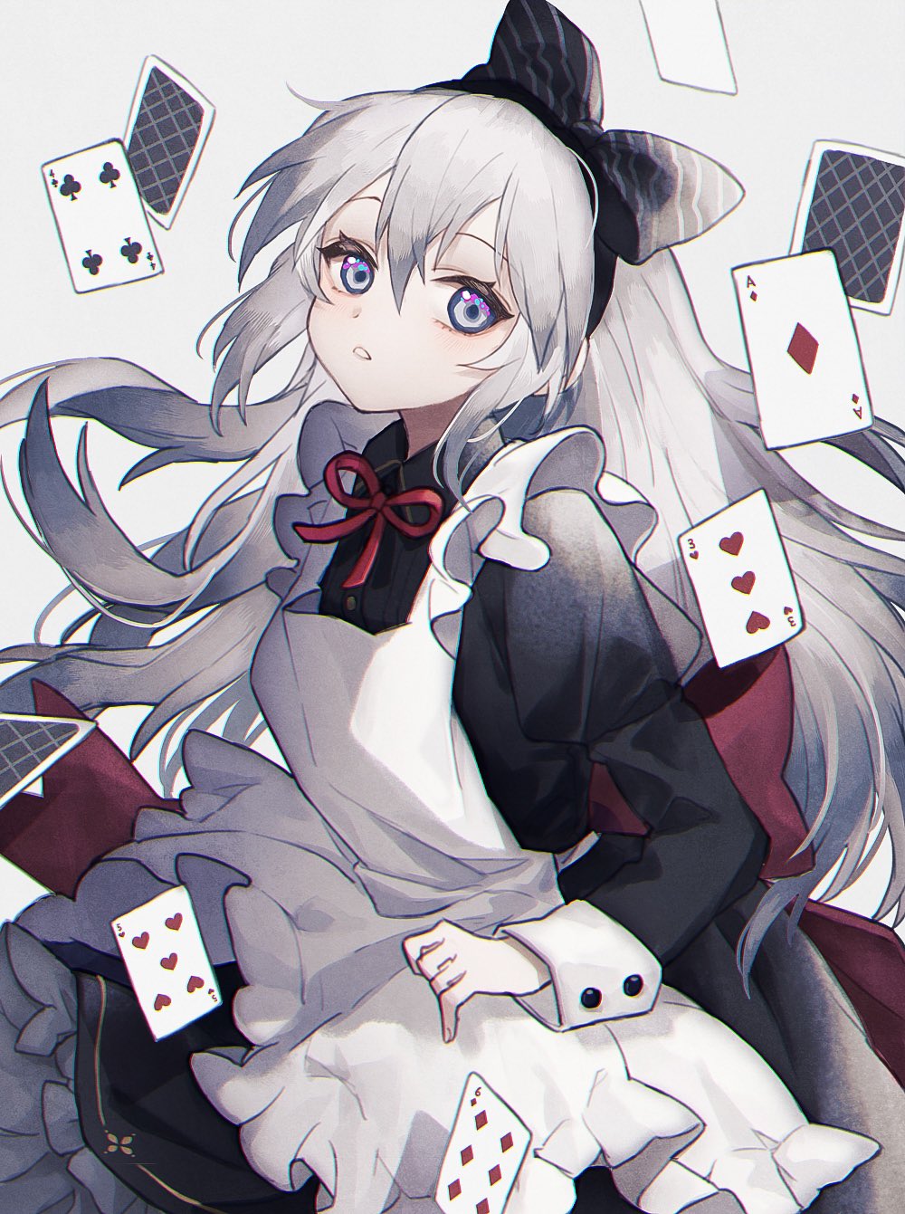 1girl, ace_of_diamonds, alice_in_wonderland, apron, back_bow, bangs, black_bow, black_dress